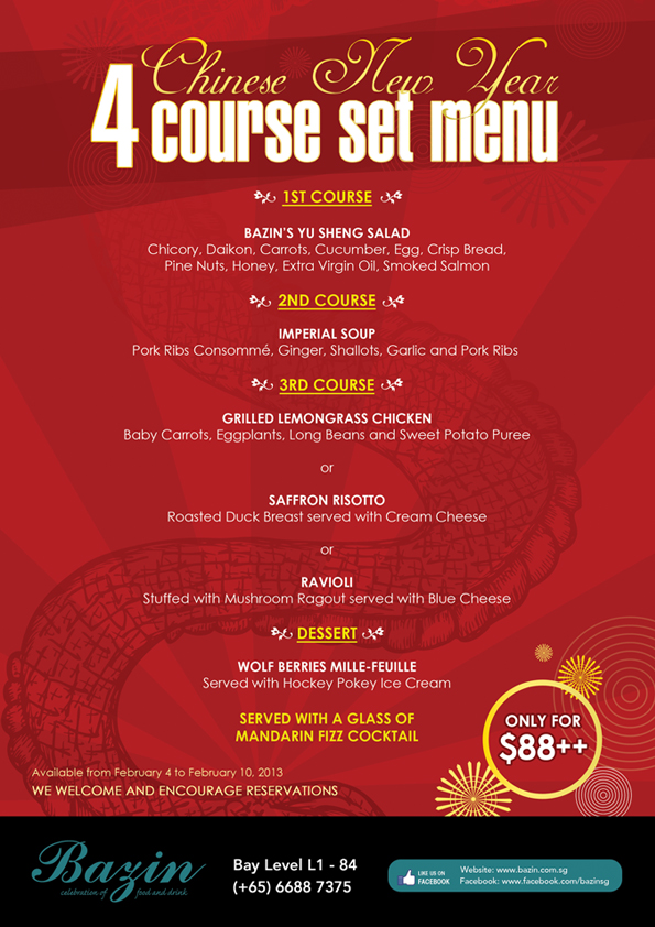Chinese New Year 4 Course Set Menu Bazin